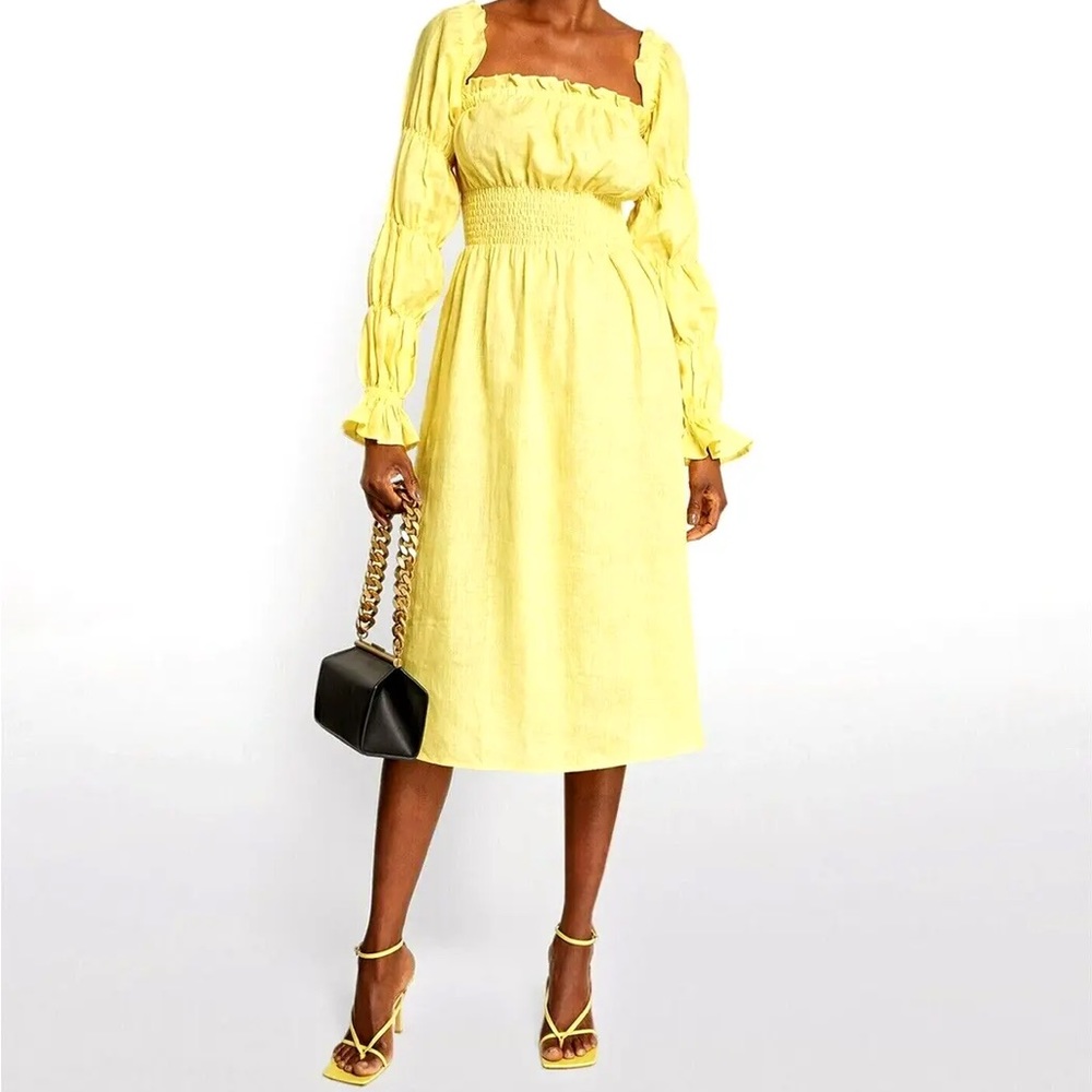 Sleeper Women’s Michelin Linen Midi Dress Lemon Yellow Smocked Puff Sleeve sz XS